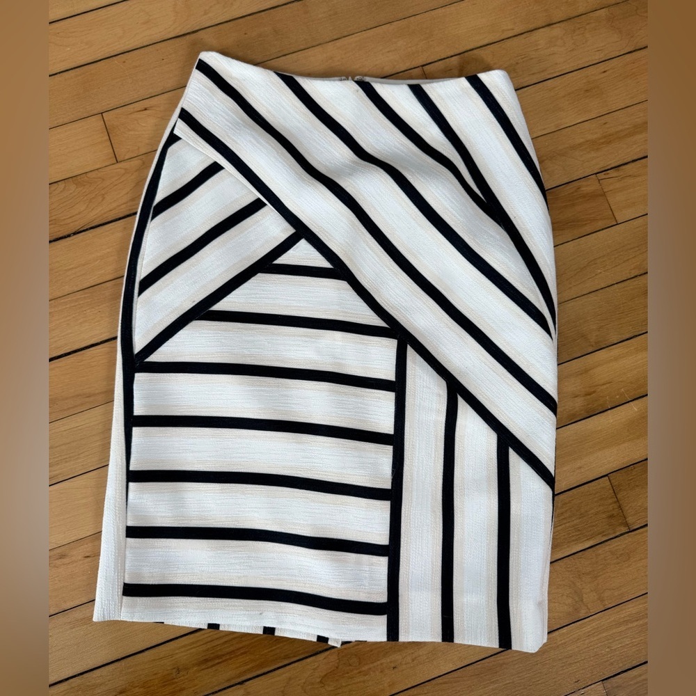 O'2nd asymmetrical black and white striped pencil skirt‎ office attire work wear